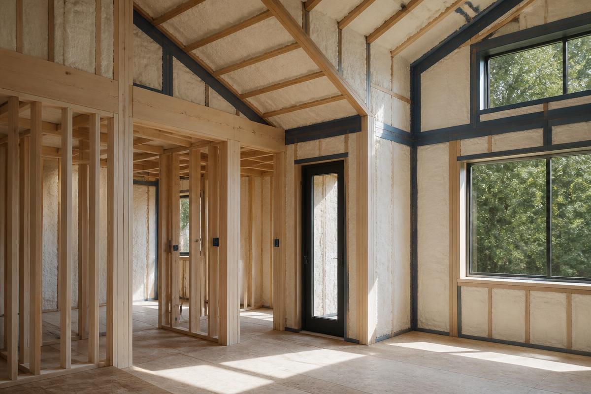 Interior of a home under construction showing framing, insulation and taped sheathing seams