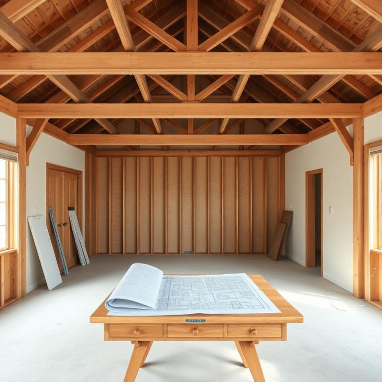 Interior space mid-renovation with exposed beams and plans on a table