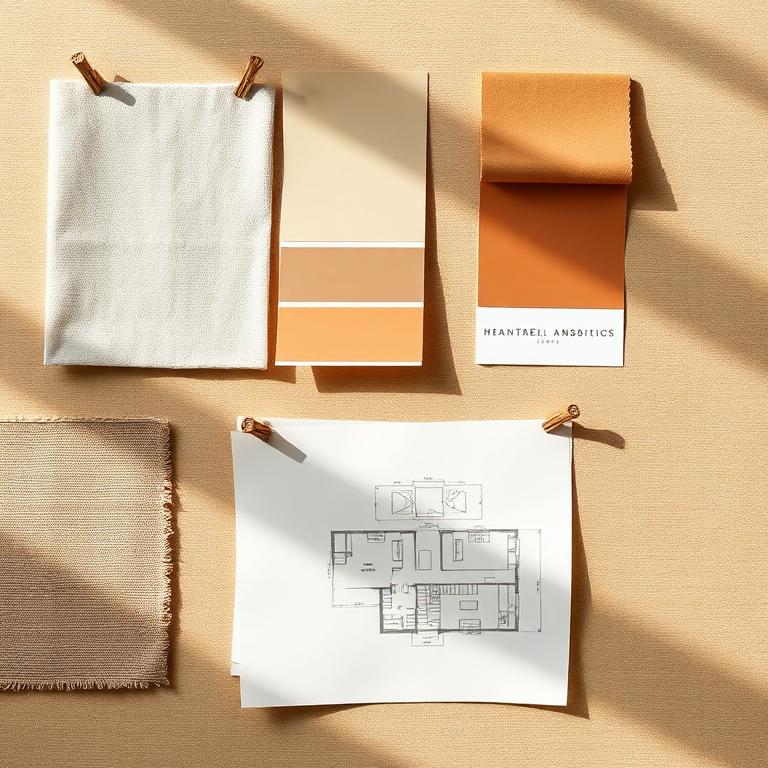 Mood board with fabric swatches, paint chips, and a floor plan sketch