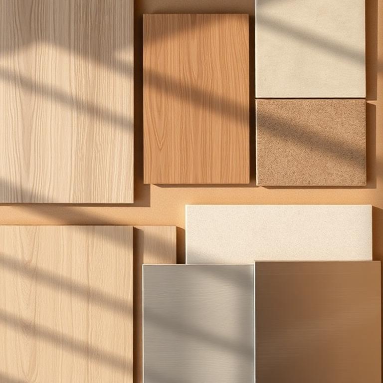 Material samples of wood, tile, and metal finishes arranged neatly