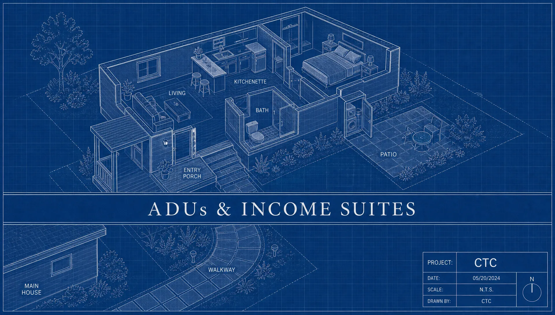 Isometric blueprint cutaway of a detached accessory dwelling unit showing living area, kitchenette, bedroom, bath, entry porch, patio, utility closet, walkway and the main house