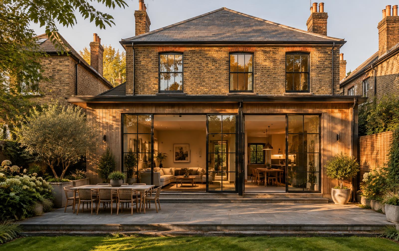 Rear elevation of a traditional brick home with a matched modern addition, glass doors opening to a bluestone patio in warm light