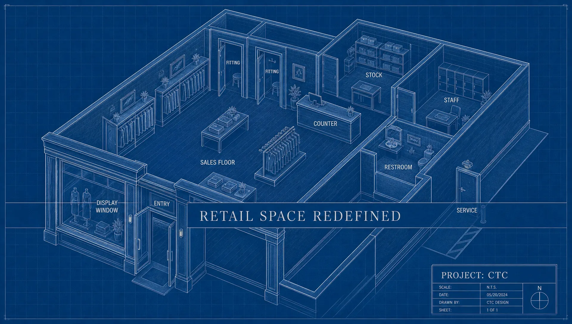 Isometric blueprint cutaway of a boutique retail store showing display window, entry, sales floor with fixtures, fitting rooms, service counter, stockroom, staff area, restroom and rear service door