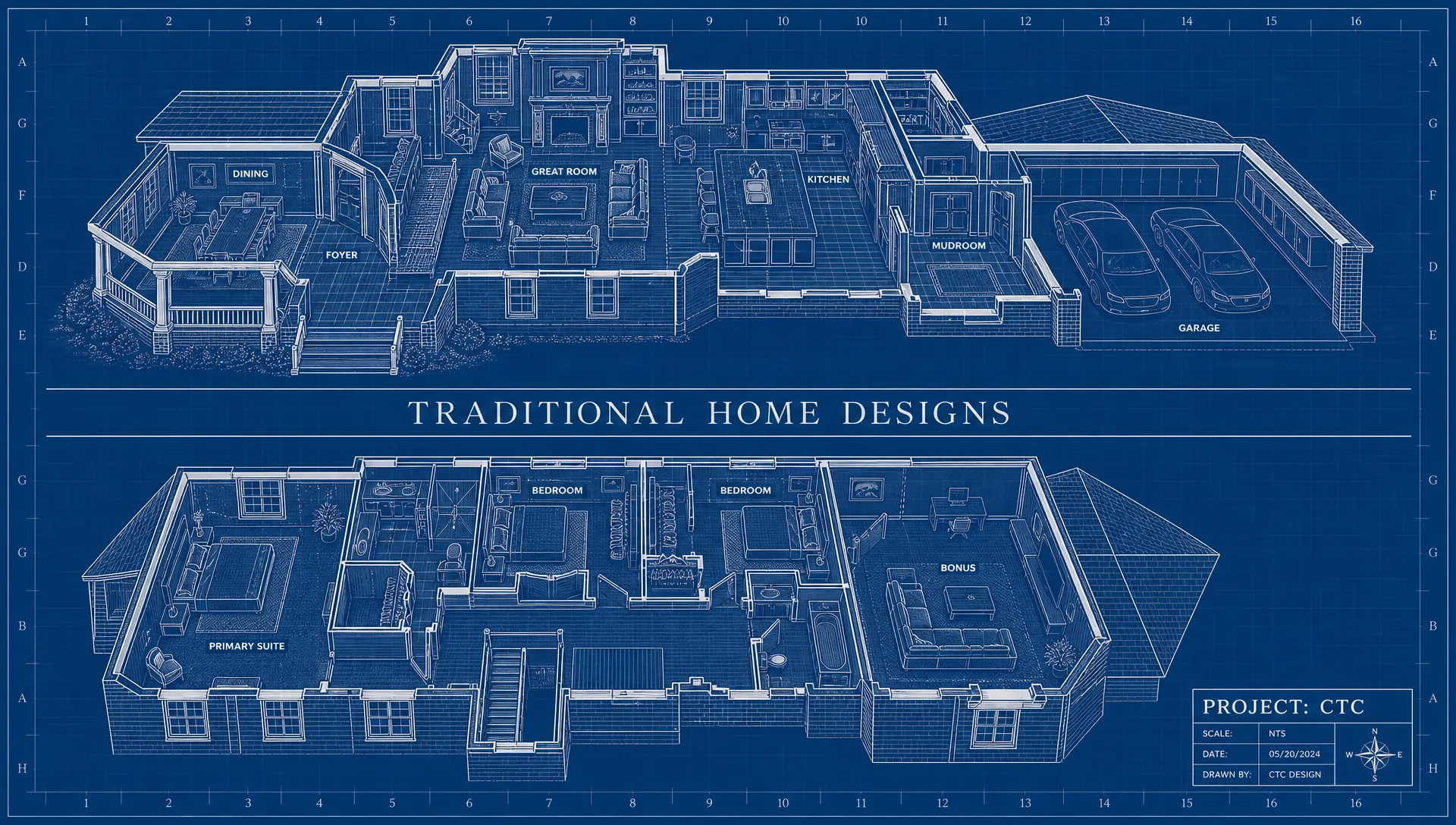 Isometric blueprint cutaway of a two-story traditional home showing foyer, dining, great room, kitchen with pantry, mudroom, primary suite, bedrooms, bonus room and two-car garage