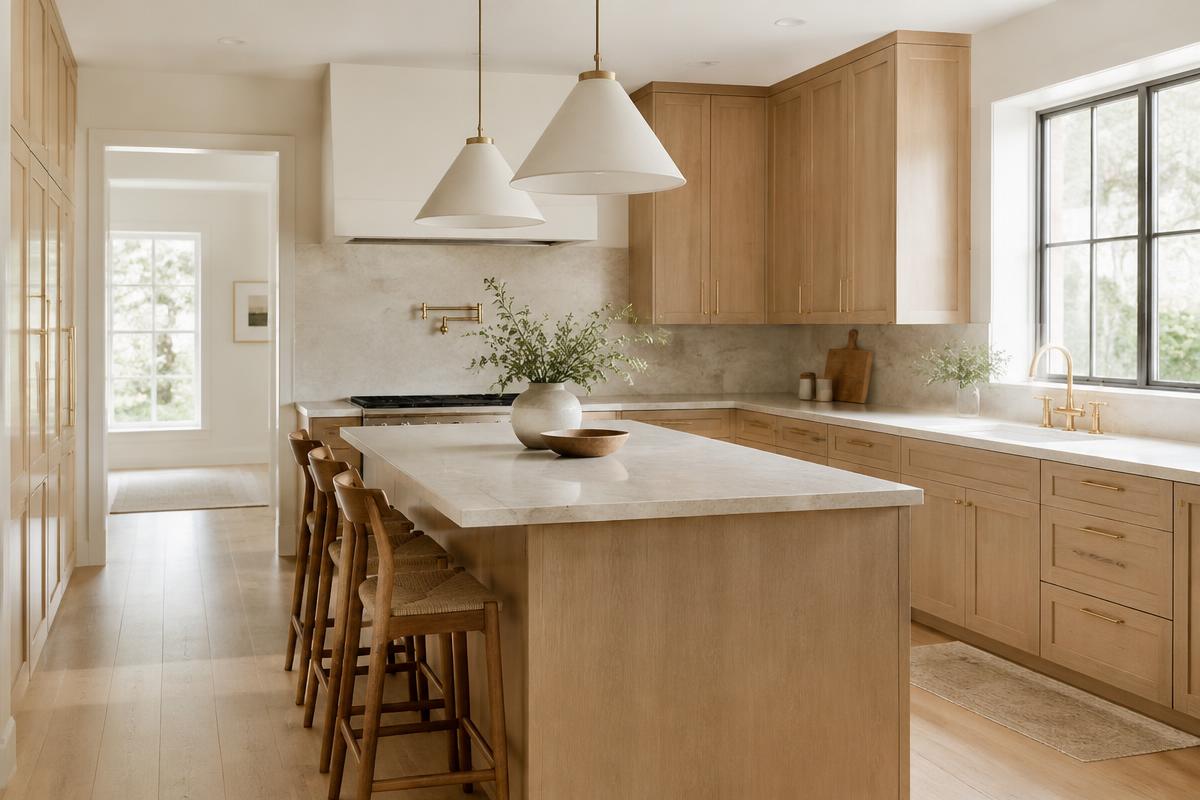 Remodeled kitchen with oak cabinets and stone counters