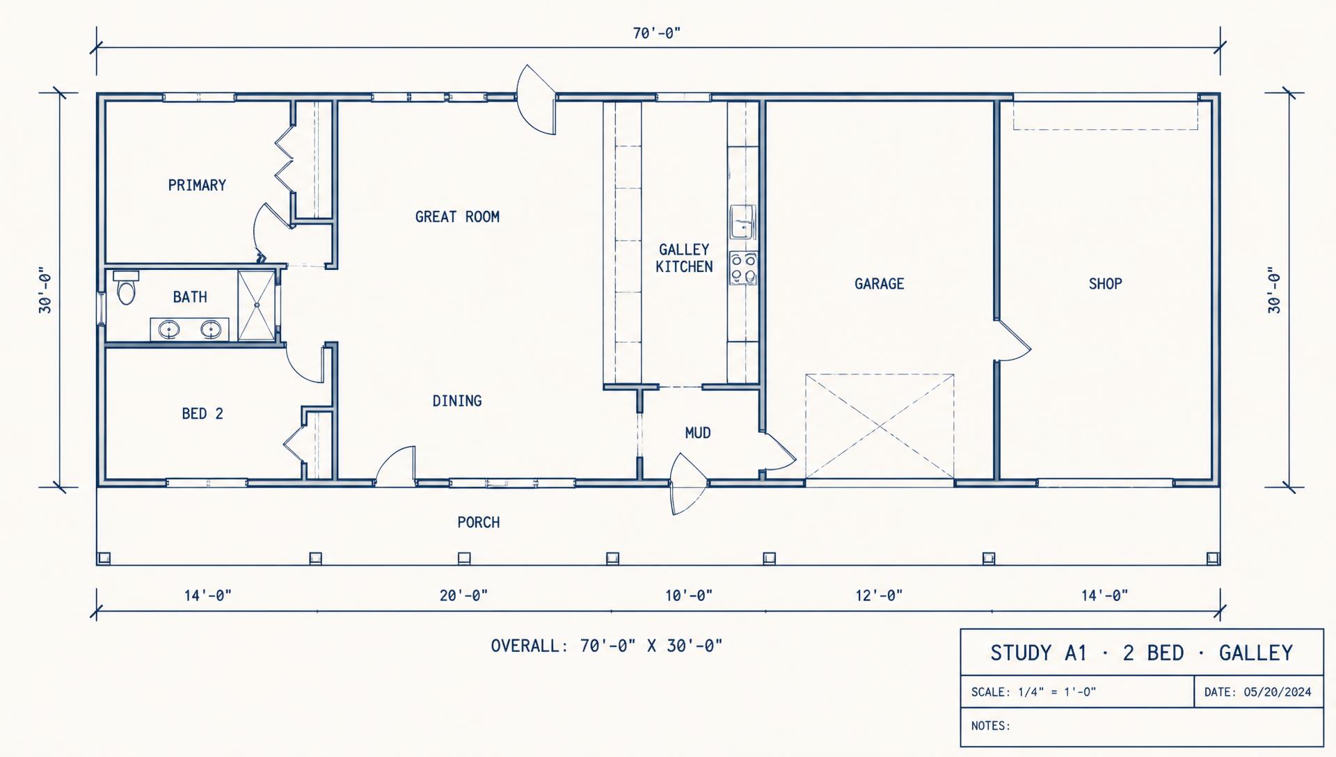 Floor plan of barndominium study A1, two bedroom galley layout: narrow work kitchen with great room, dining, primary suite, bed 2, garage and shop