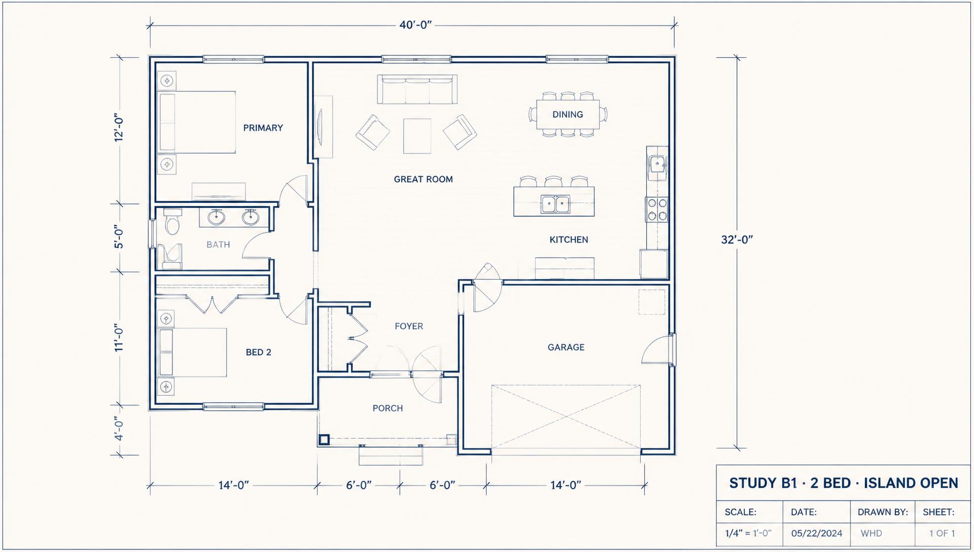 Floor plan of traditional study B1, two bedroom island layout: open kitchen with island, great room, dining, primary suite and bed 2