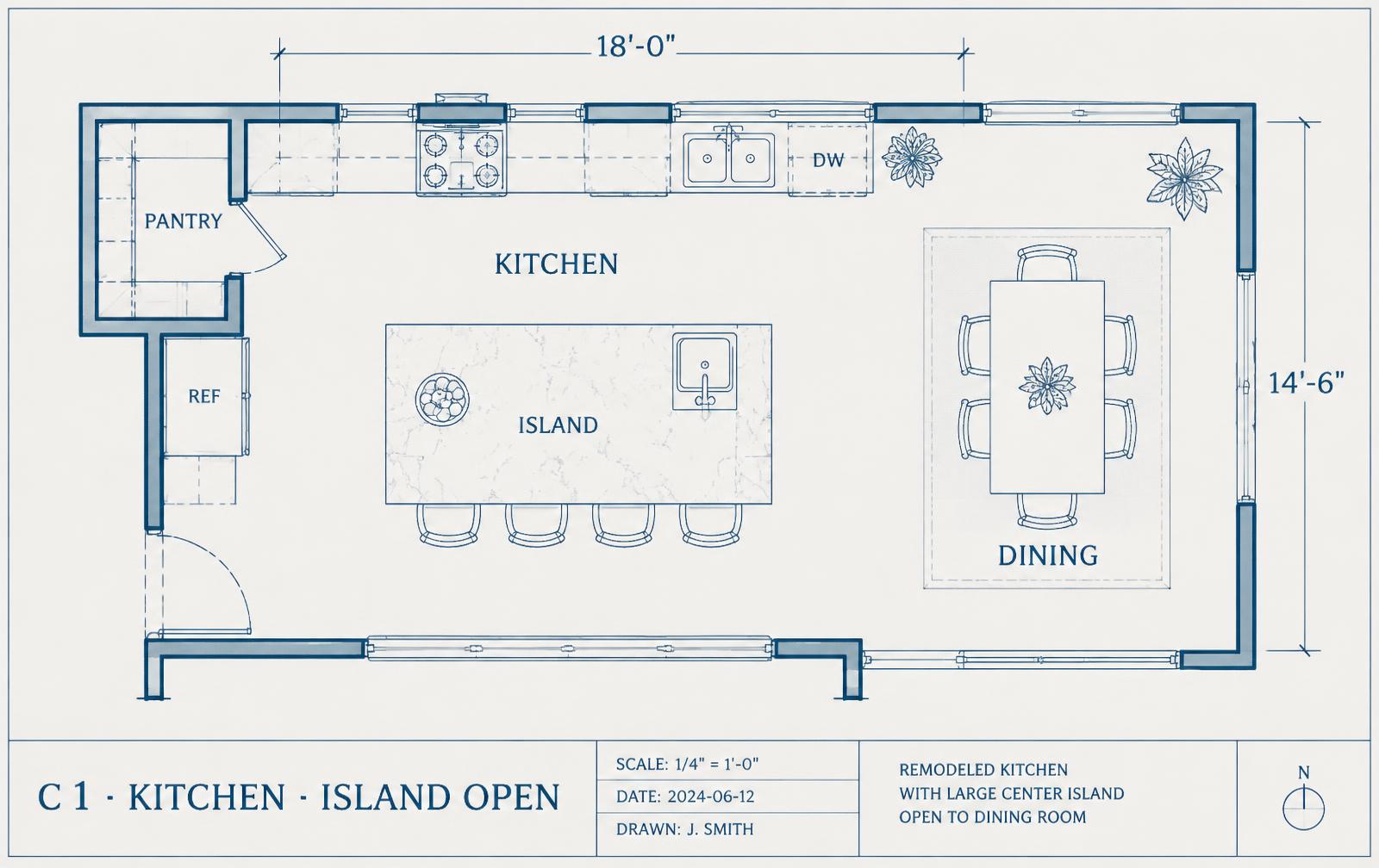 Floor plan of study C1 kitchen, island open layout: center island with sink, pantry, and dining area