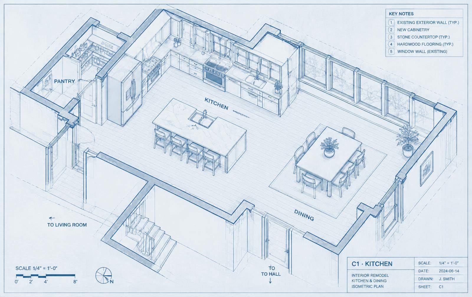 Isometric cutaway drawing of study C1 kitchen remodel: island kitchen, pantry, and dining area inside the existing house