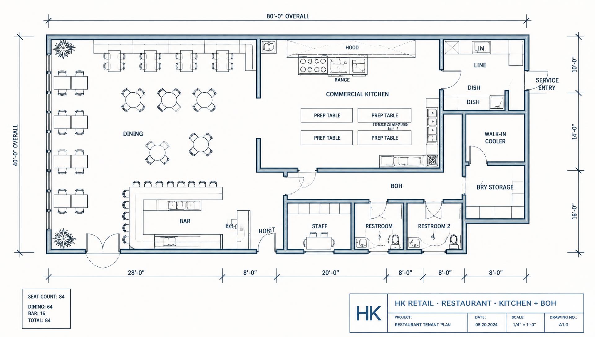 Floor plan of HK Retail restaurant: dining and bar in front with commercial kitchen, line, dish, walk-in cooler, dry storage, staff room and two restrooms behind