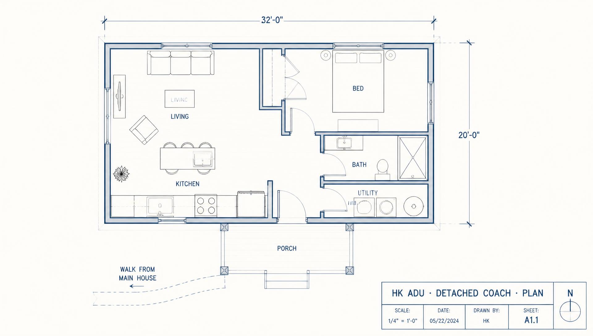 Floor plan of HK ADU detached coach house: living, kitchen, one bedroom, bath, utility and porch with the walk from the main house